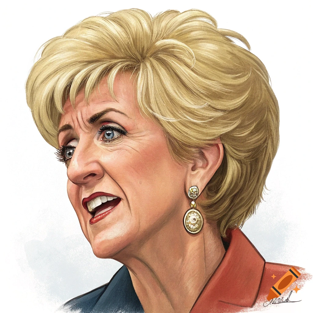 Caricature illustration of a woman with blonde hair and earrings in a political cartoon style.