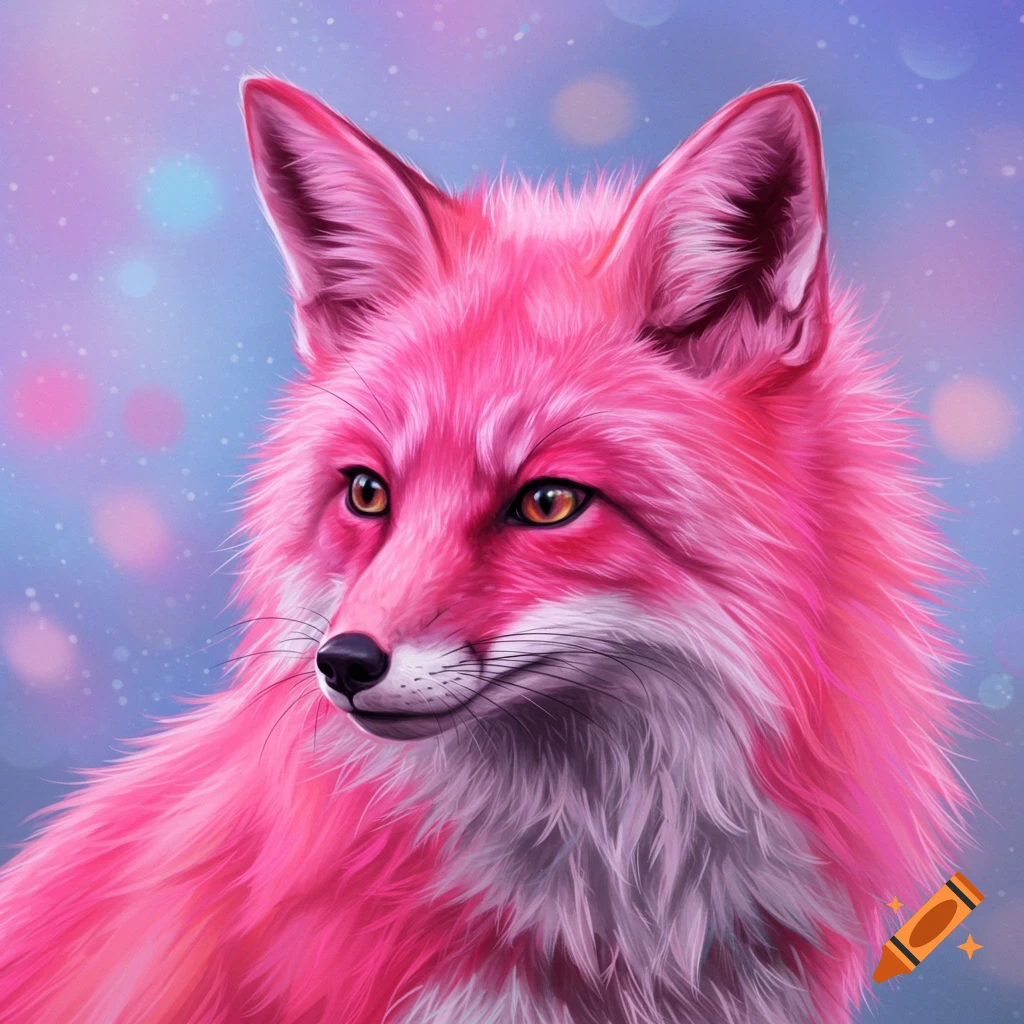 Illustration of a pink fox with a blurry bokeh background.
