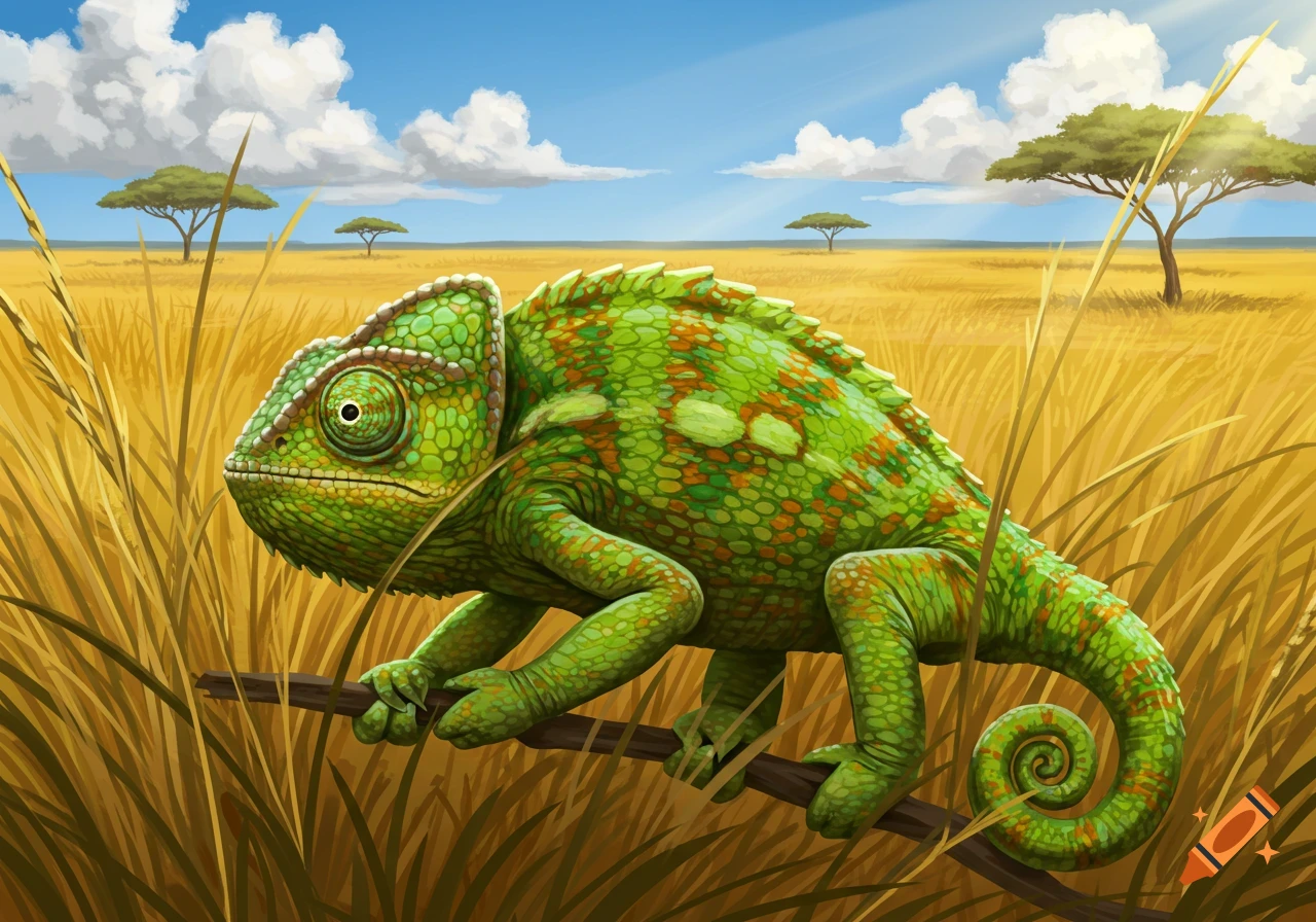 A detailed illustration of a green chameleon perched on a branch in a sunny savanna with tall grass and acacia trees.