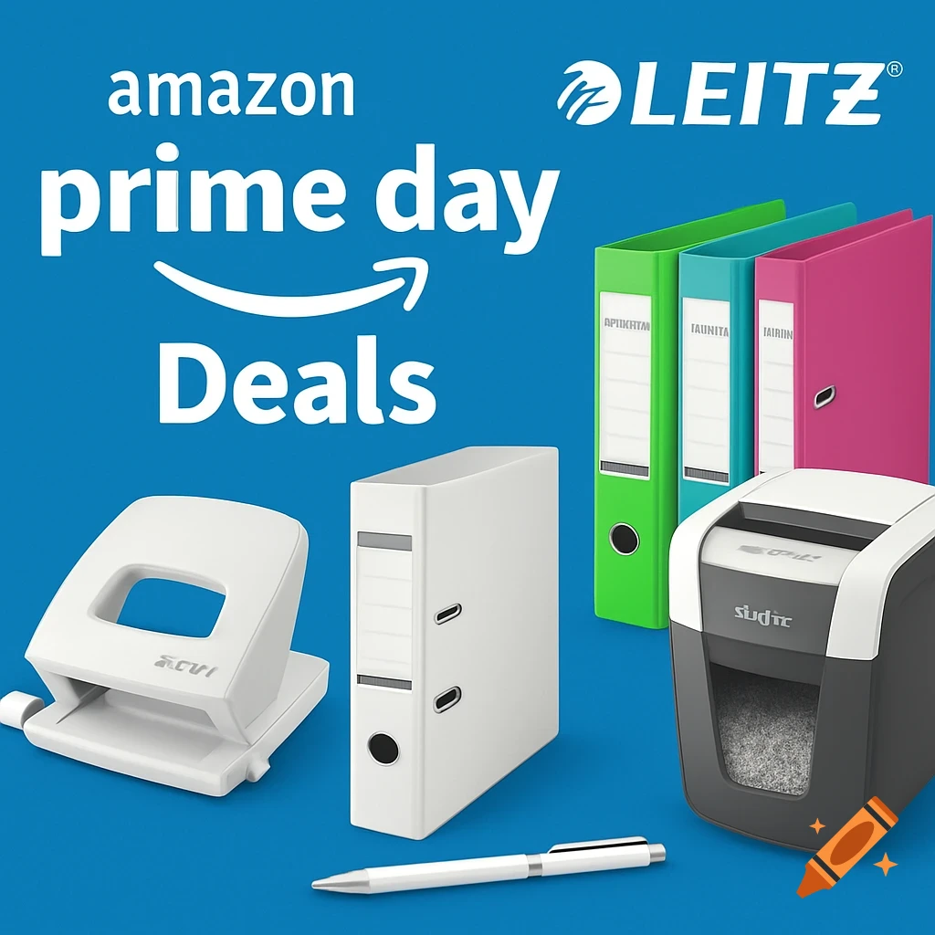 Still life of office supplies including folders, file box, shredder, and hole punch with text 'amazon prime day Deals' and 'LEITZ' logo.