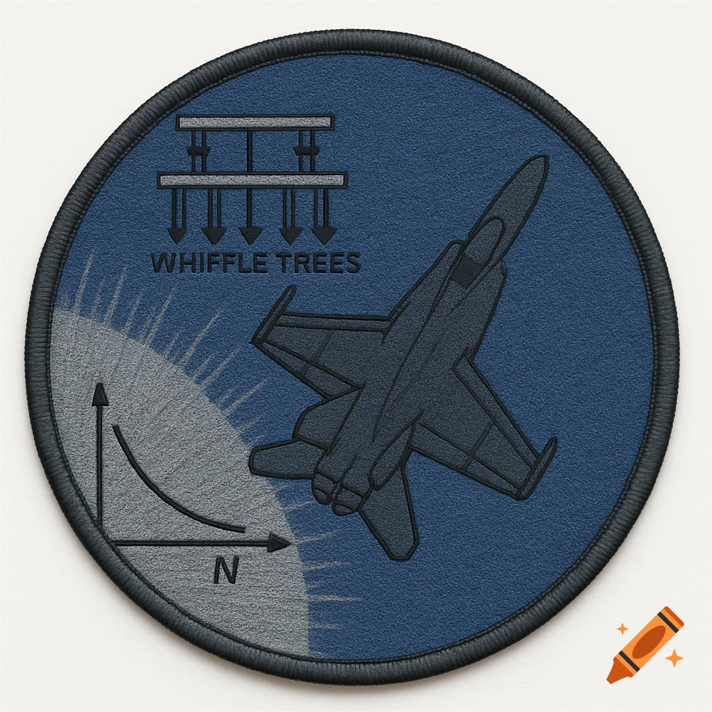 Circular patch with F-18 jet, "WHIFFLE TREES" text, and a graph on a blue background.