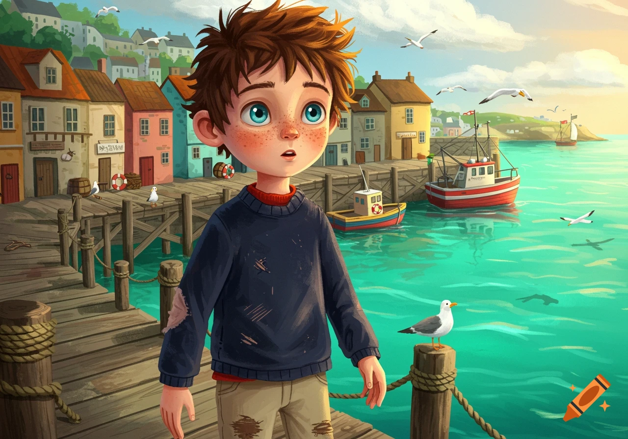 Cartoon boy on a dock in a colorful sea town harbor with boats and seagulls. Illustration style.