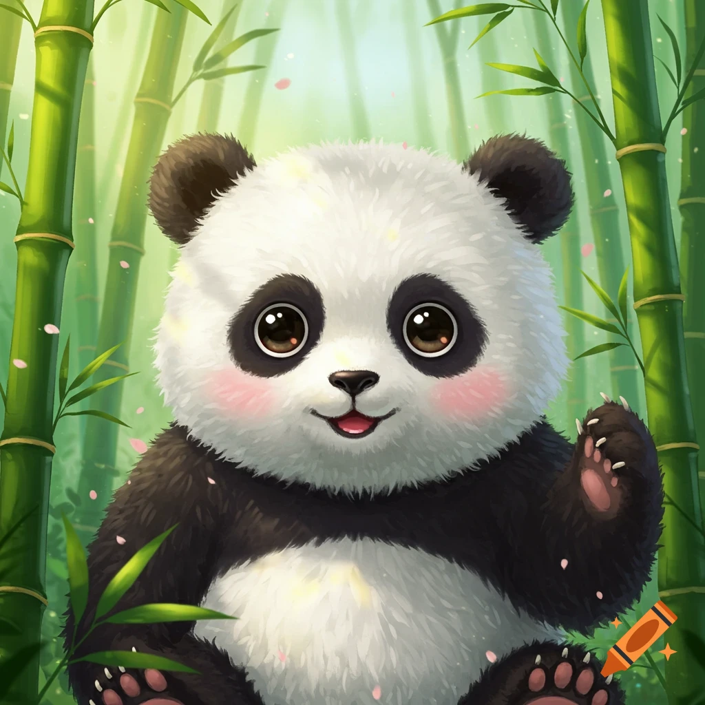 A cute cartoon panda waves while sitting among bamboo trees with pink petals floating.
