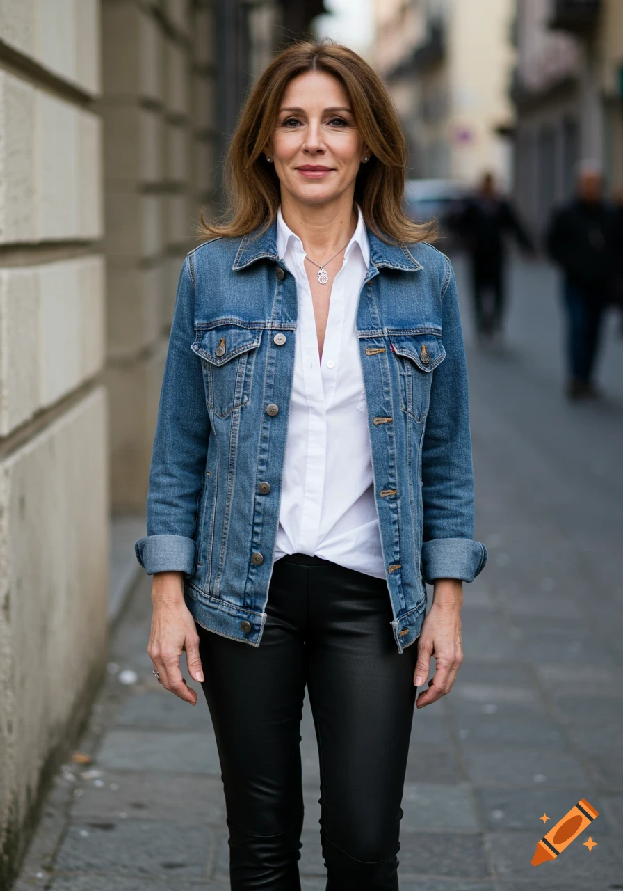 Woman in a jean jacket, white shirt, and black pants standing on a street.