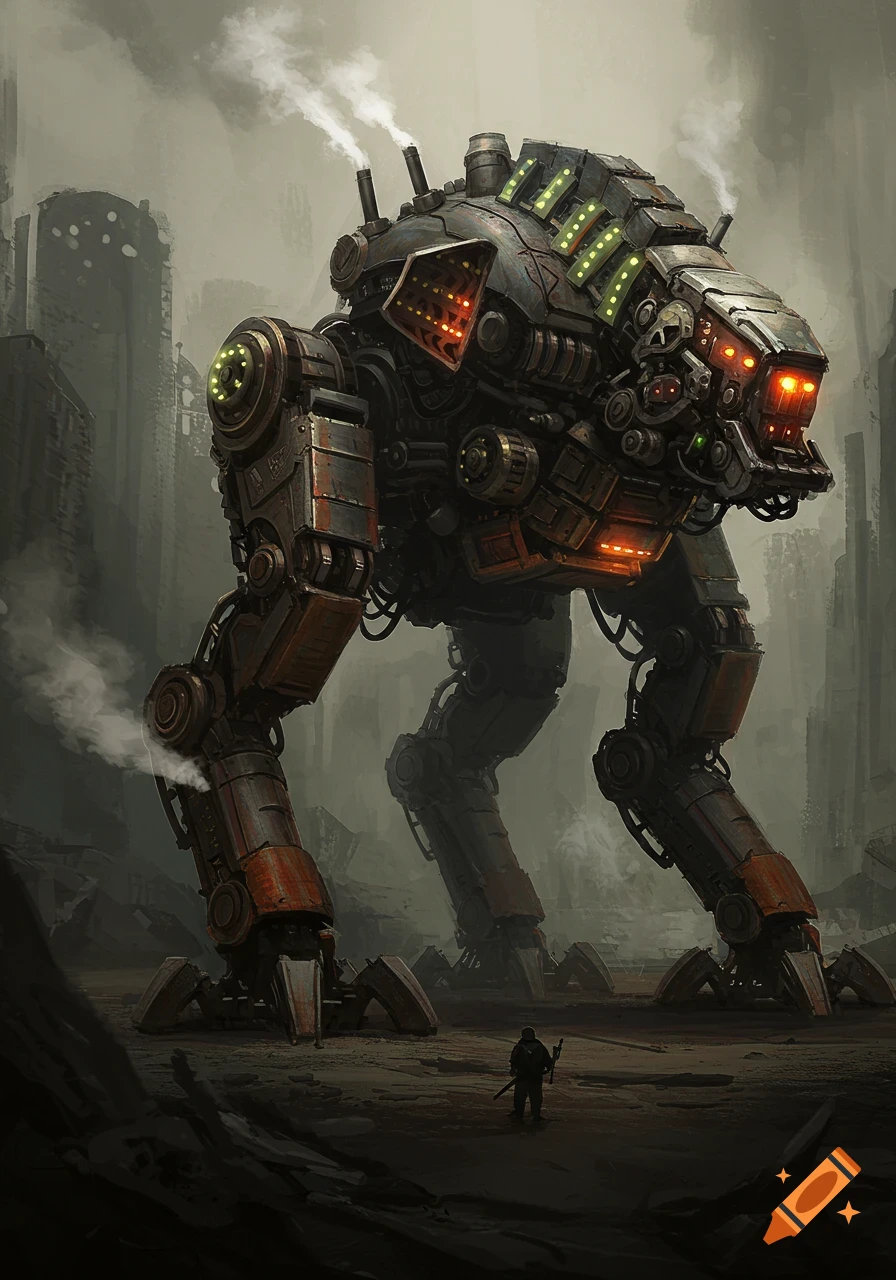 Giant mechanical walker stands over small human in ruined city, concept art.