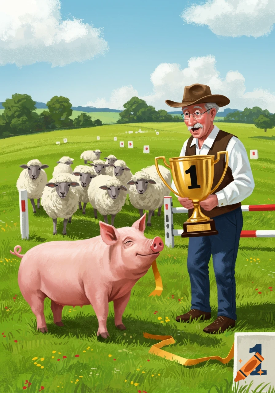 Illustration of a pig holding a gold trophy next to a man in a field with sheep, suggesting a competition win.