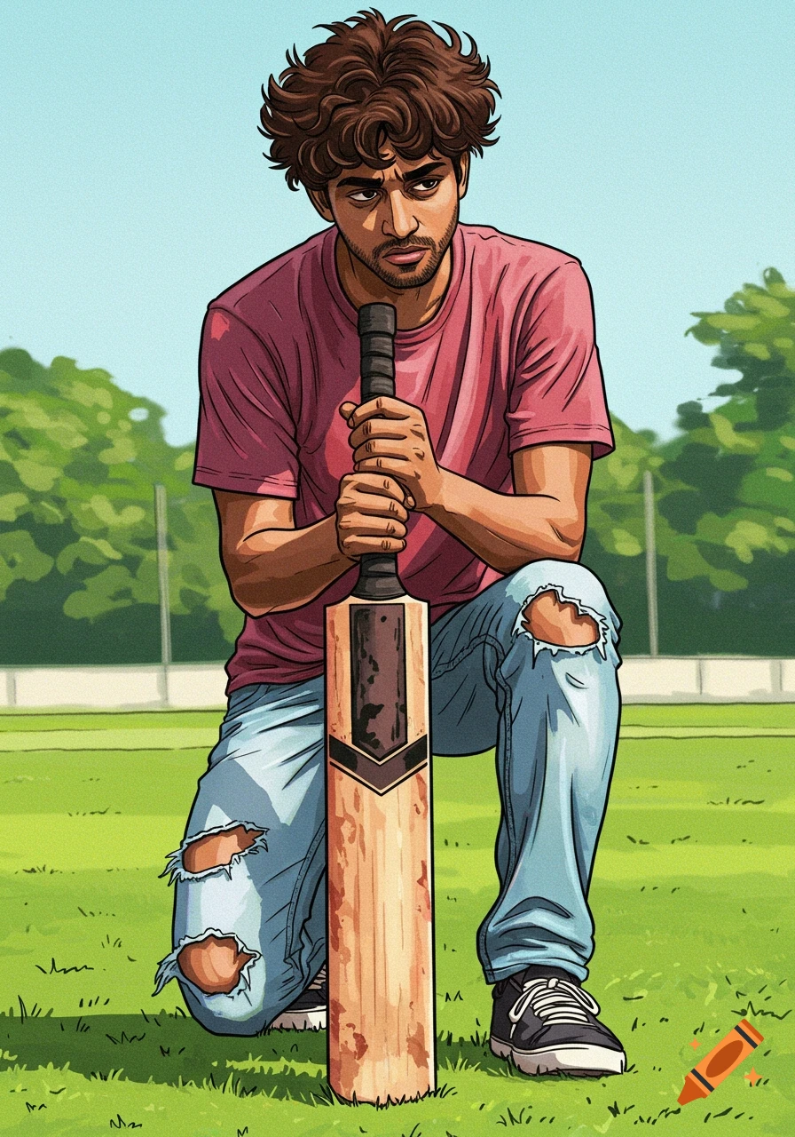 Man kneeling on a grassy field, holding a cricket bat in an illustrative style.