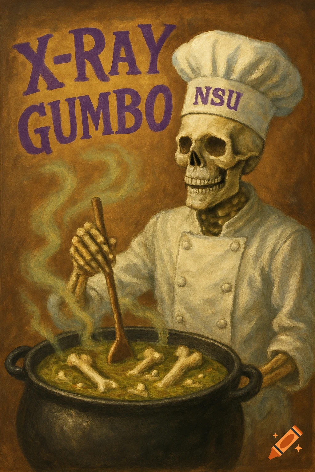 A stylized illustration of a skeleton chef stirring a pot of gumbo with bones. Text reads "X-RAY GUMBO" and "NSU" on the hat.
