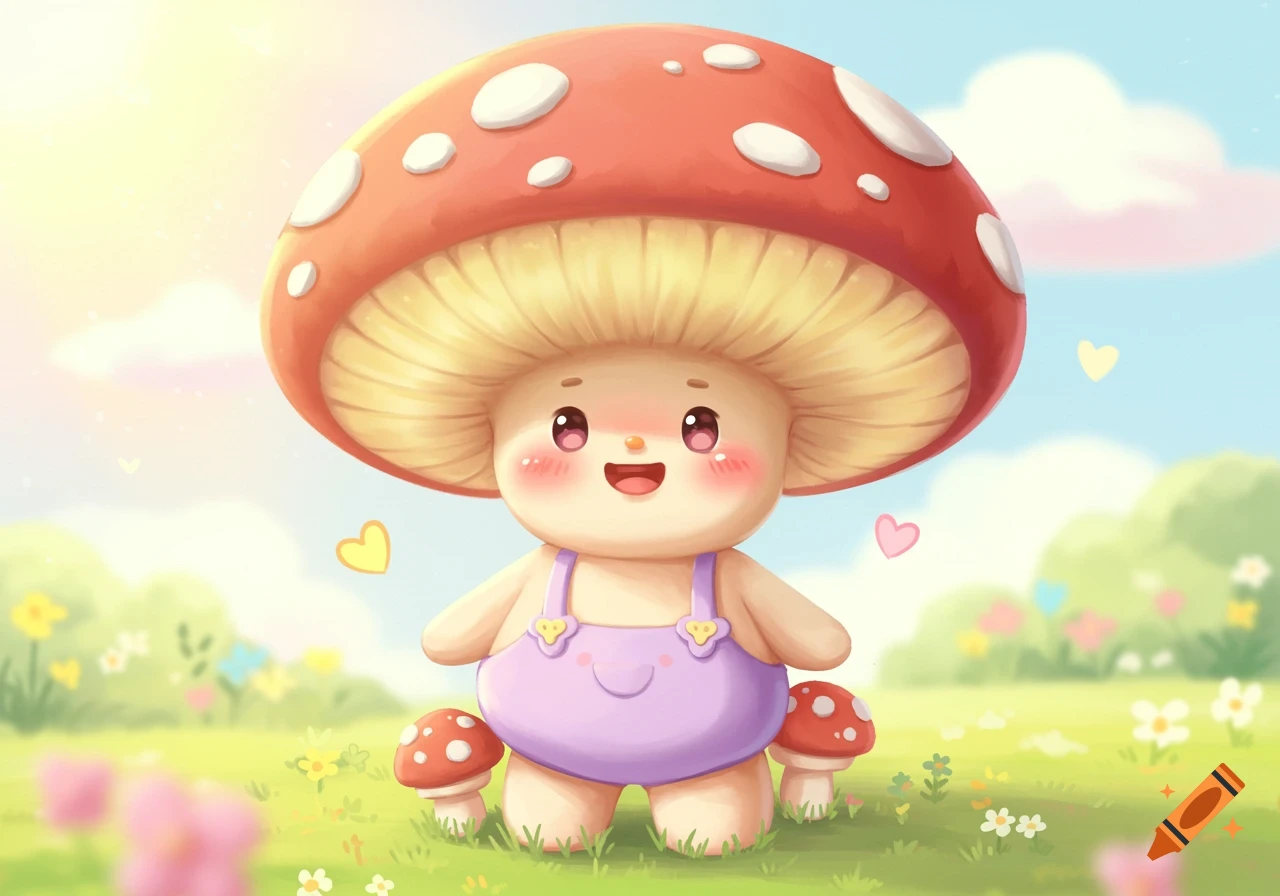 A cute cartoon mushroom character with suspenders stands in a sunny grassy field with flowers.