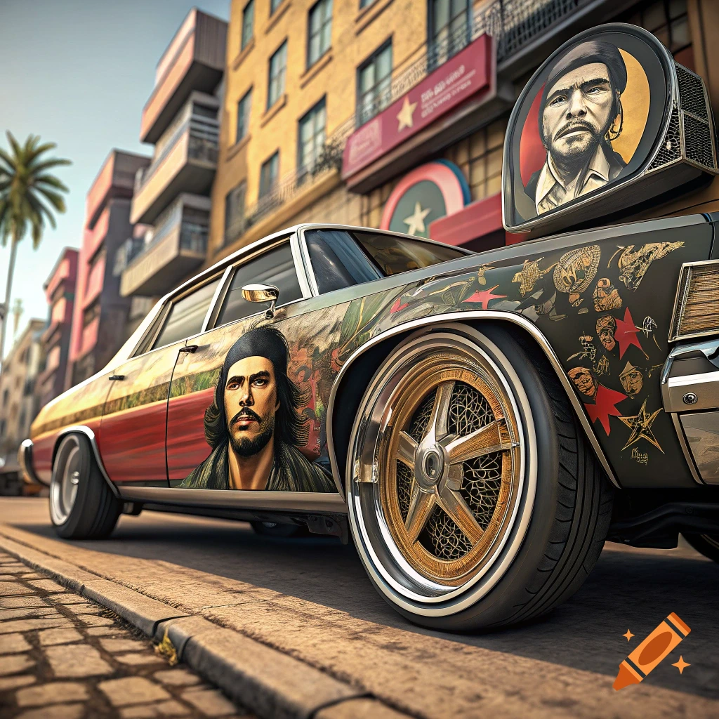 A low-angle view of a customized vintage car (donk) decorated with portraits and art of Che Guevara, parked on a street.