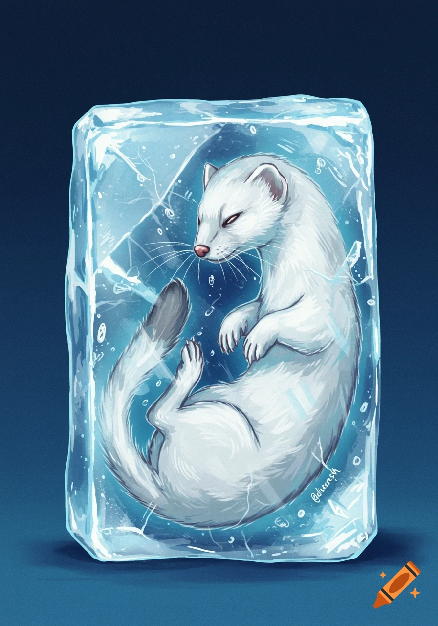 Stylized illustration of a white weasel frozen inside a block of ice.