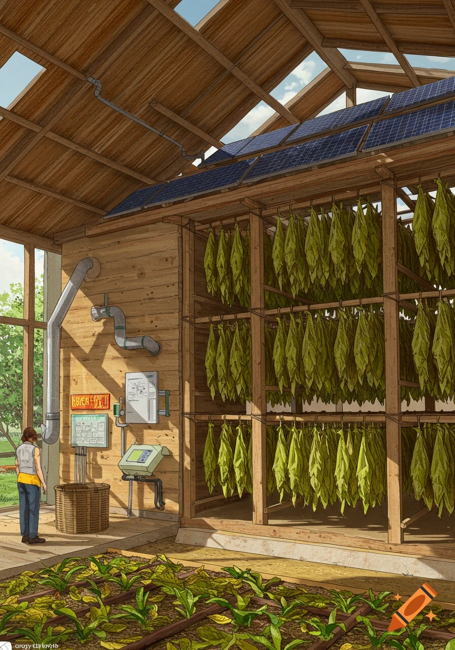 Illustration of a person in a wooden barn drying tobacco leaves with solar panels on the roof, with plants growing in the foreground.