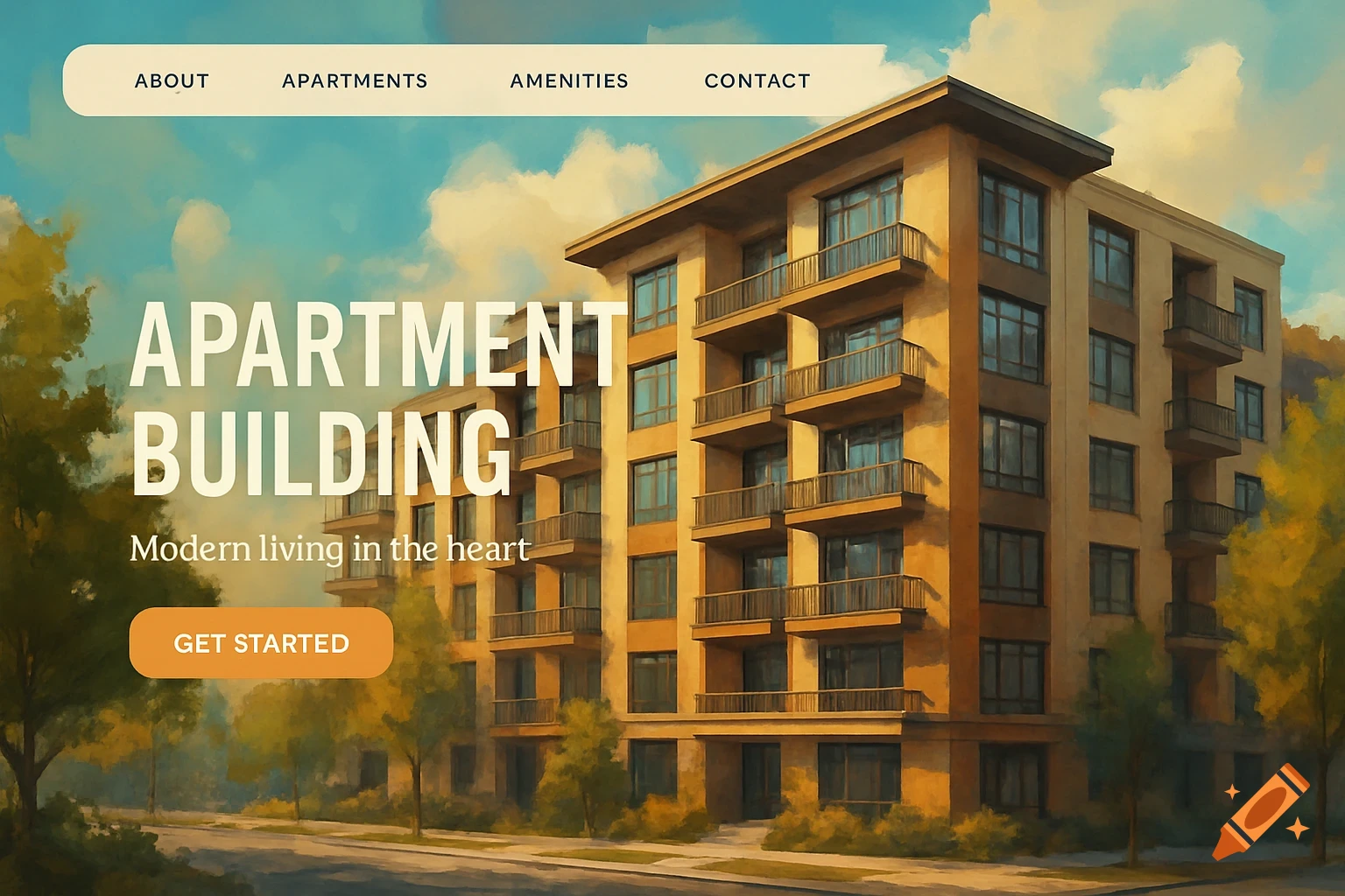 Painterly illustration of an apartment building landing page with text overlay
