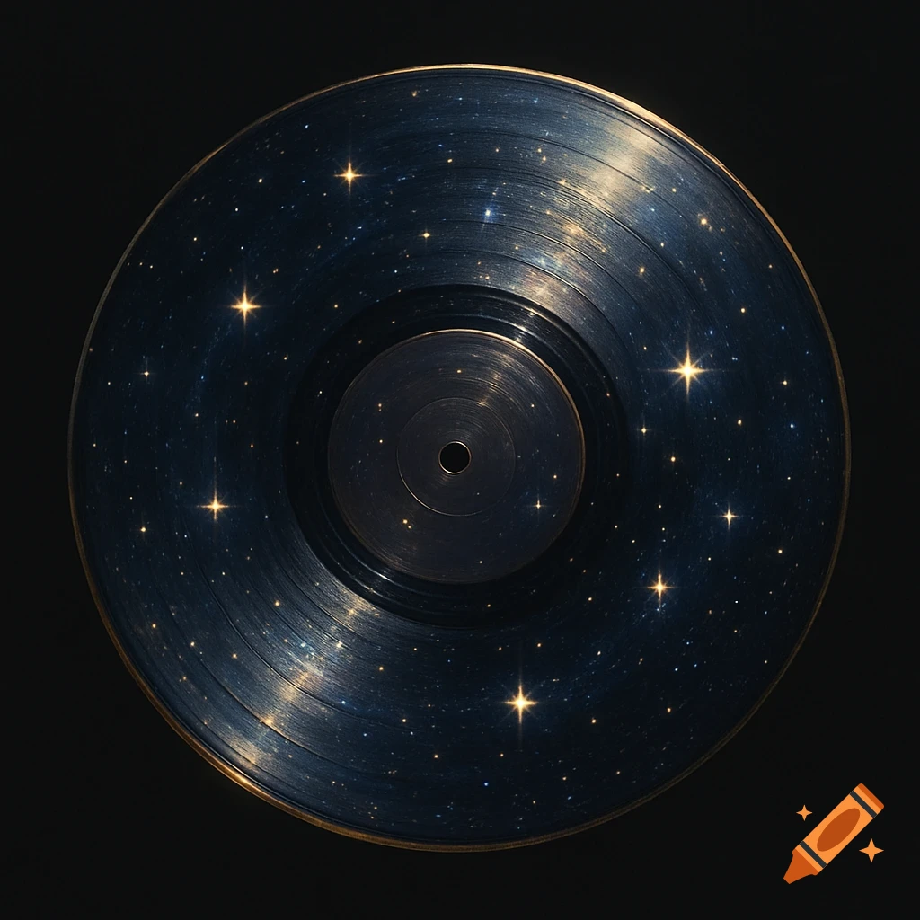 A close-up of a vinyl record decorated with a starry galaxy pattern.