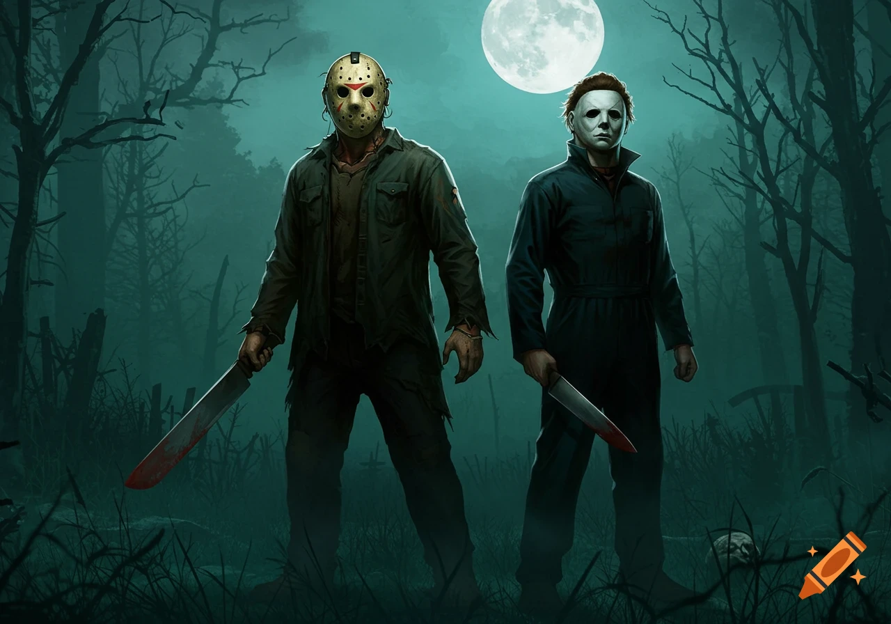 Jason Vorhees and Michael Myers stand in a dark forest under a full moon, holding weapons.