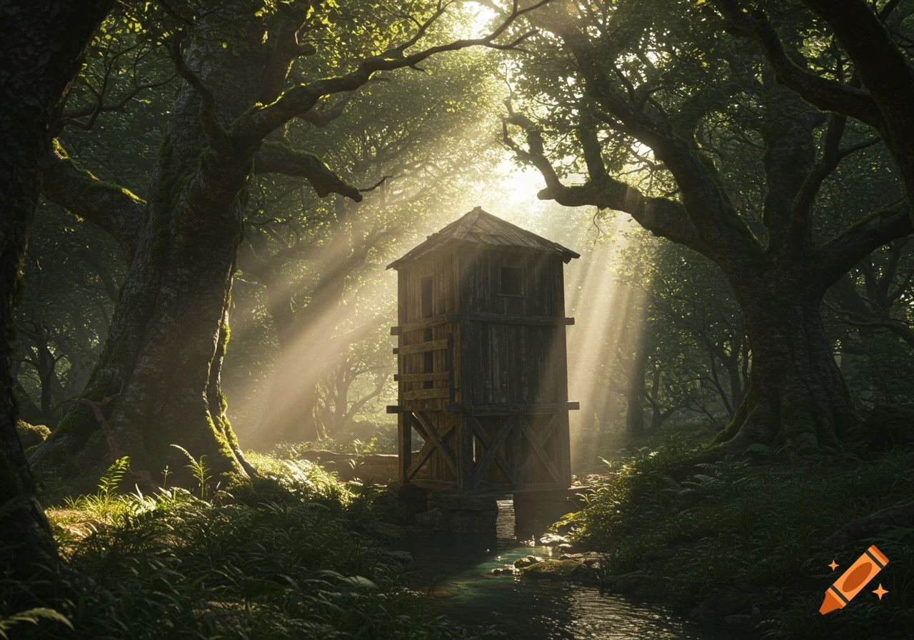 A small wooden structure stands in a sunlit forest with a stream flowing in the foreground.