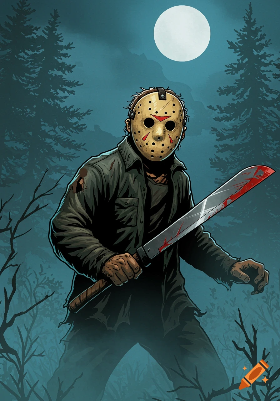 Illustration of Jason Voorhees with a machete in a forest under a full moon, in a flash art style.