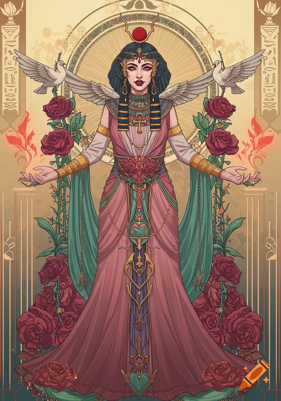 Art deco illustration of a woman in Egyptian-style fantasy dress with wings, roses, and mystical elements.