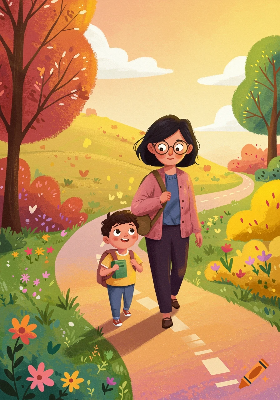 Illustration of a woman and a boy with backpacks walking on a path through a park with autumn trees.
