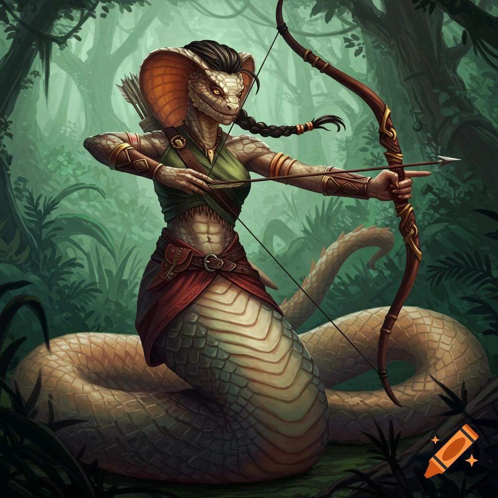 A viper naga archer draws a bow in a forest.