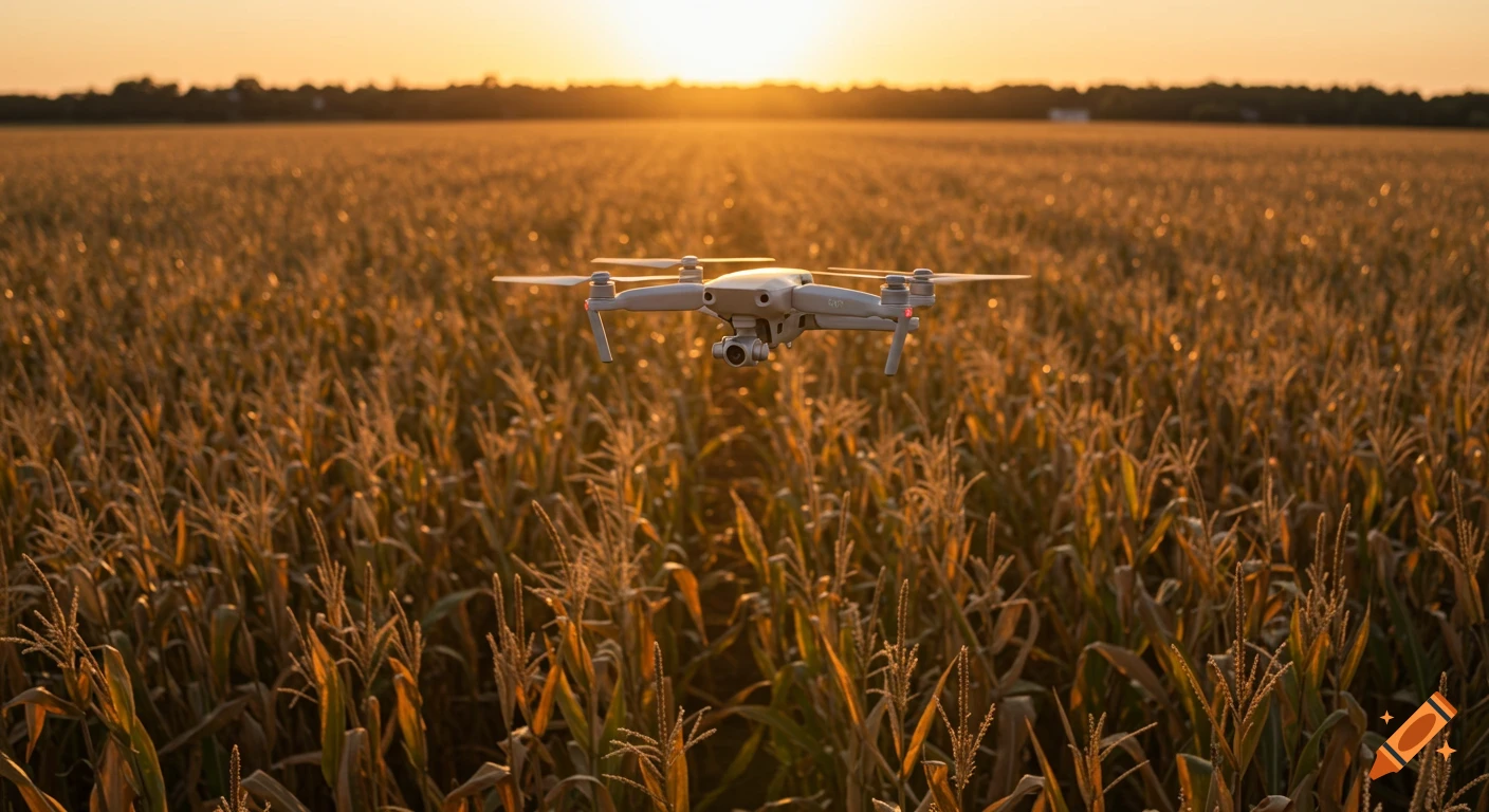 Drone flying over a cornfield at sunset