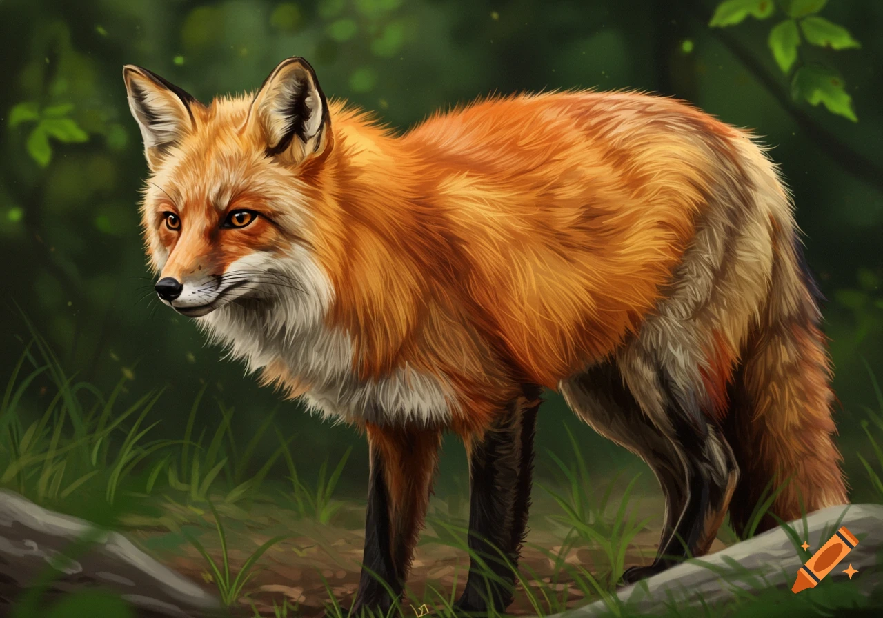 An artistic digital painting of a red fox standing in a forest clearing.