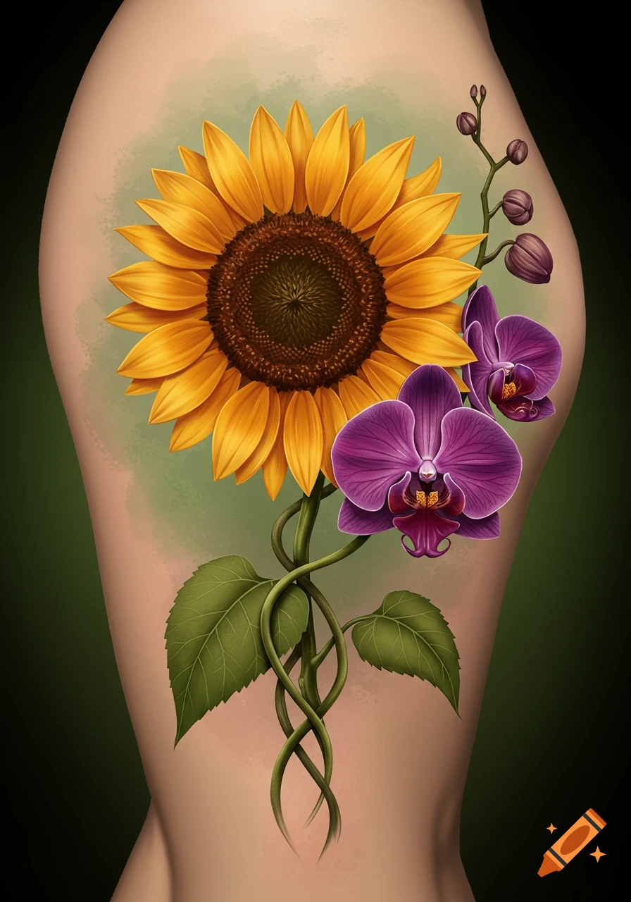 Realistic tattoo of a sunflower and intertwined orchids on skin