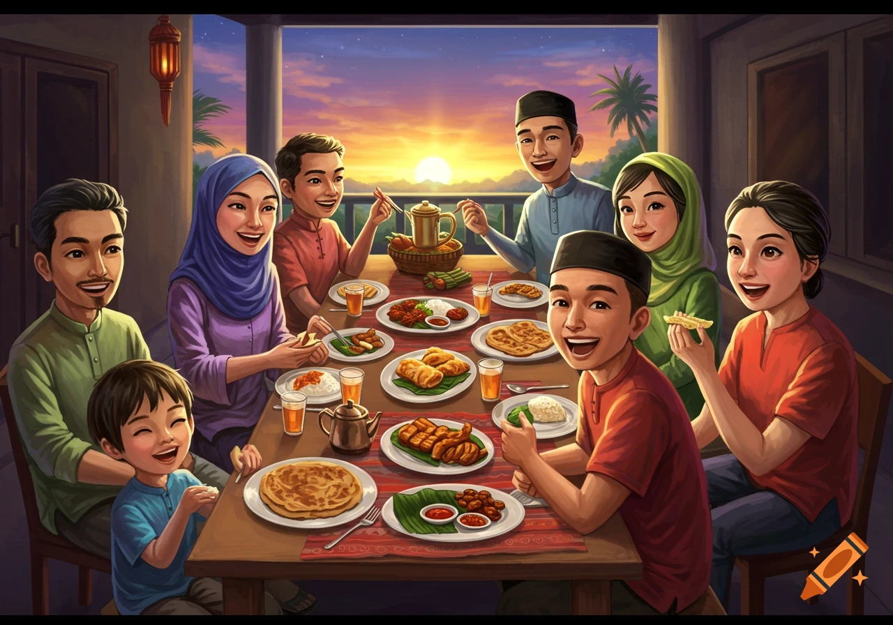 Illustration of a family eating a meal together on a patio at sunset.
