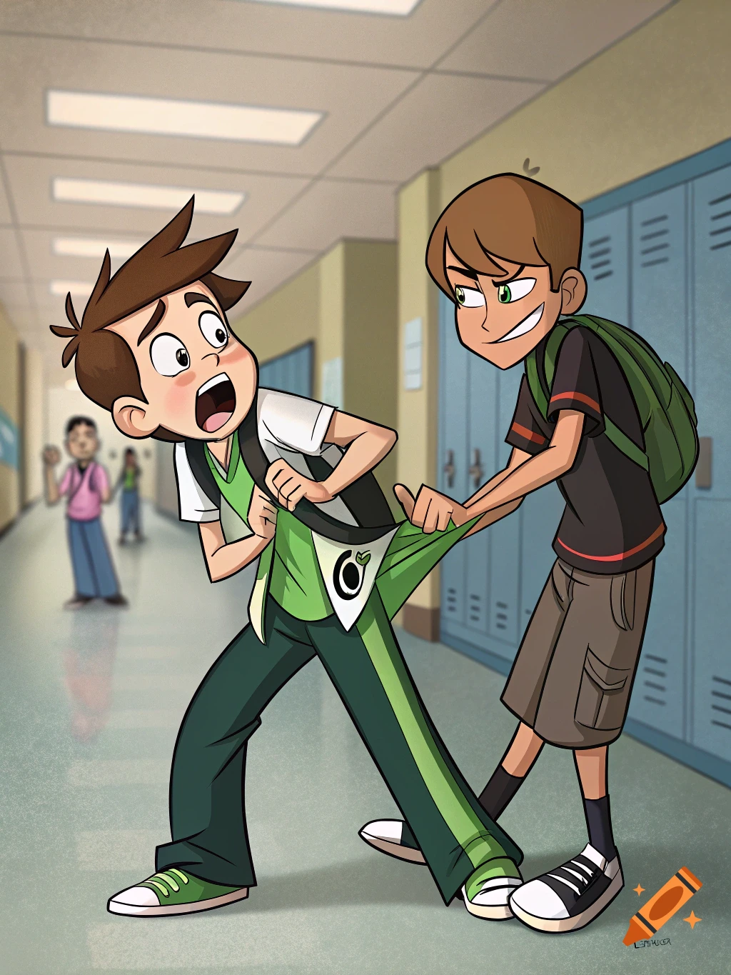 Cartoon of a boy in a school hallway getting a wedgie from another boy.