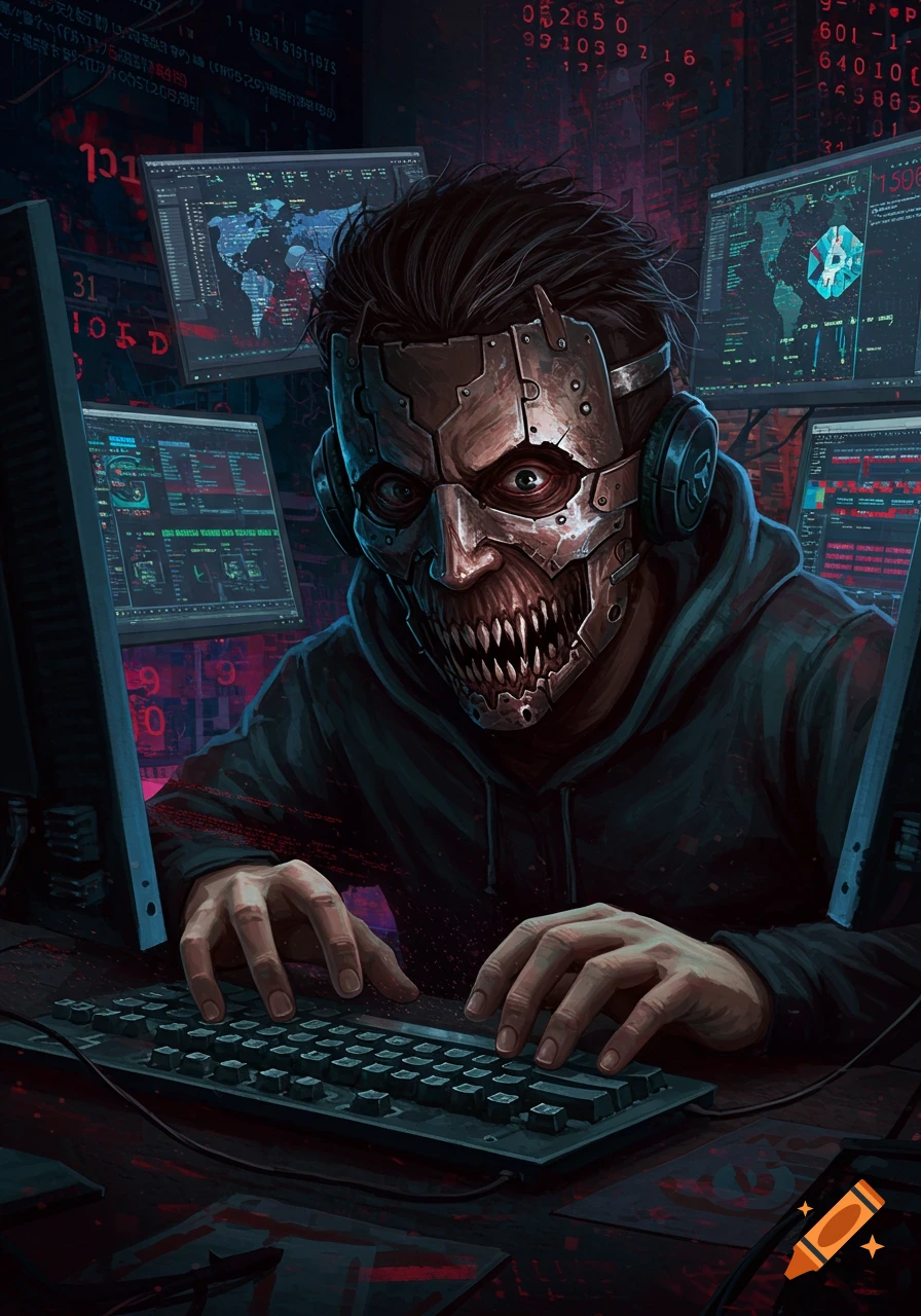 Creepy hacker in a metal mask with sharp teeth works on multiple monitors in a dark, digital setting.