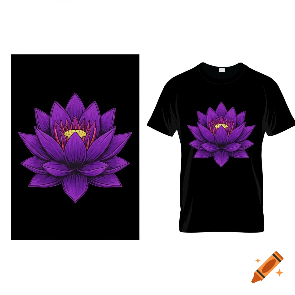 Purple lotus graphic displayed on black background and t-shirt mockup