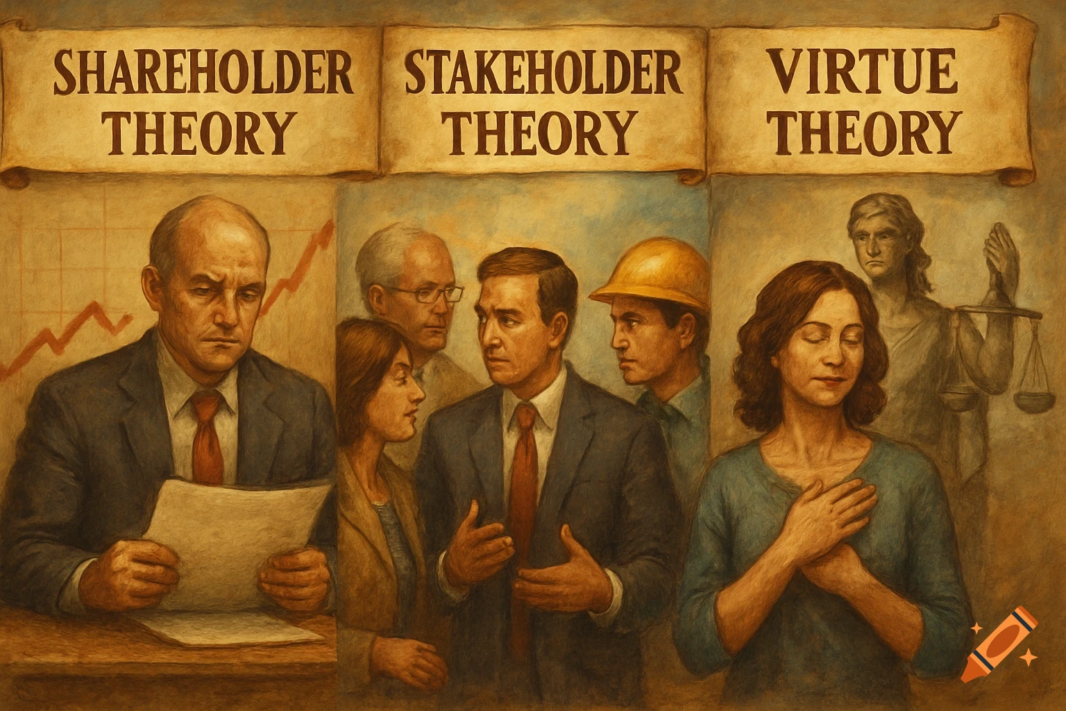 Three panels depict groups of people under banners reading SHAREHOLDER THEORY, STAKEHOLDER THEORY, and VIRTUE THEORY.