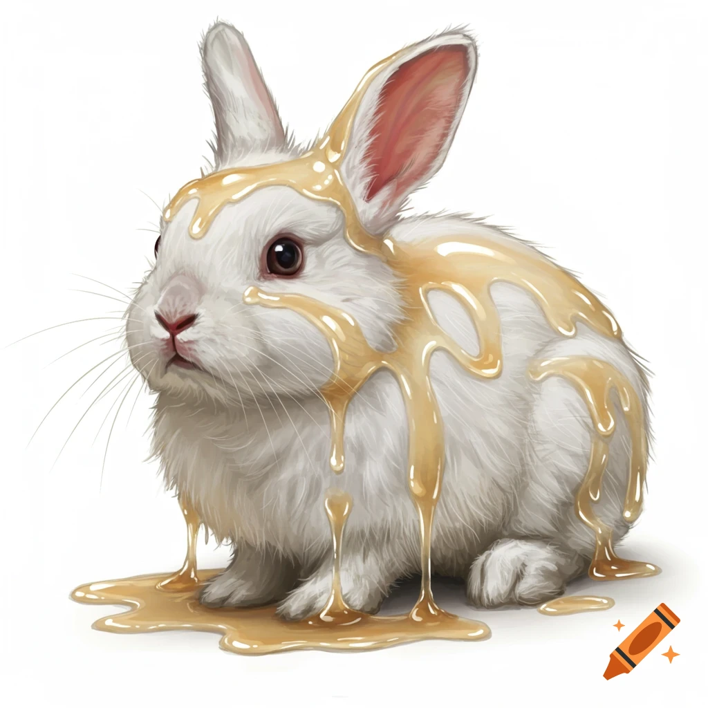 White rabbit covered in dripping golden liquid on a white background.