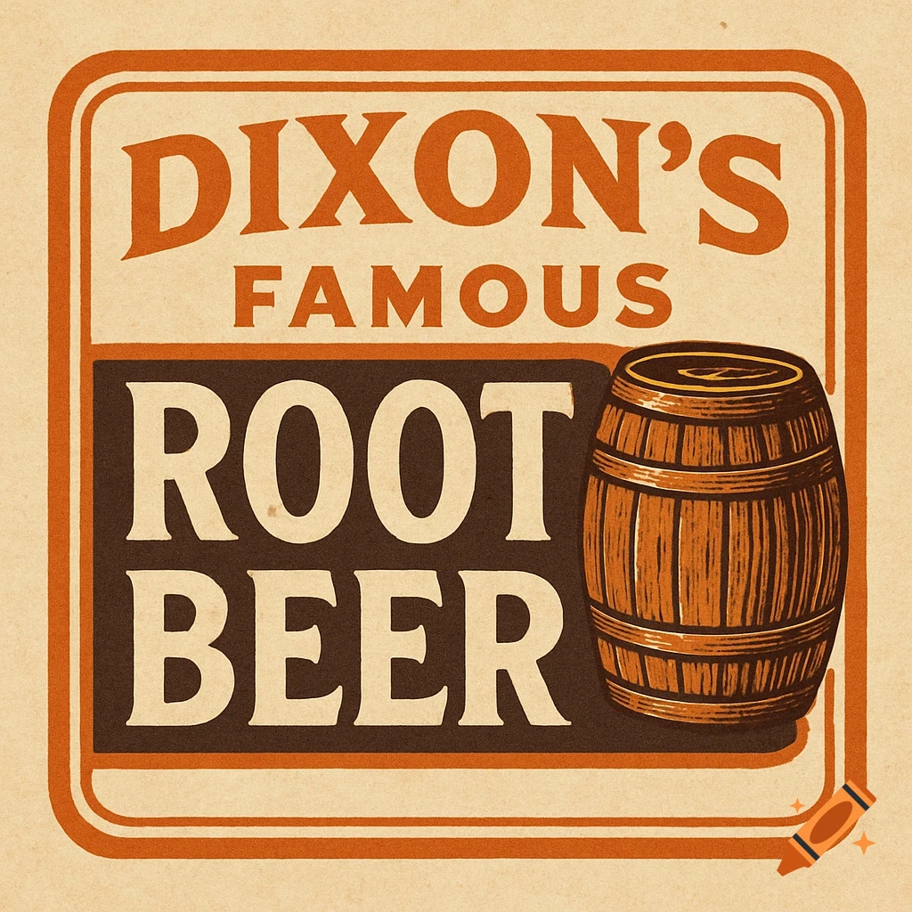 Vintage-style label for Dixon's Famous Root Beer featuring a barrel.