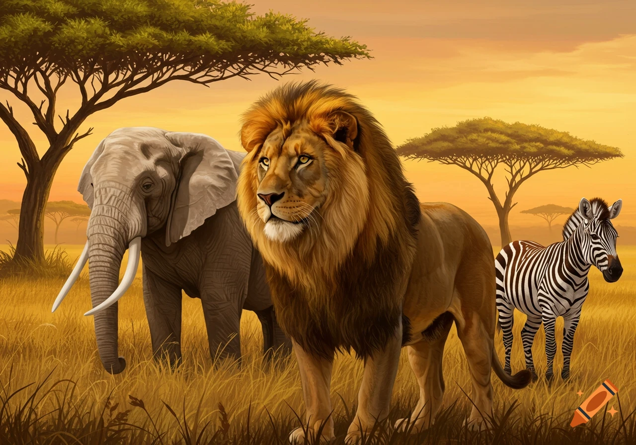 A lion, elephant, and zebra stand in a grassy savanna at sunset near acacia trees.