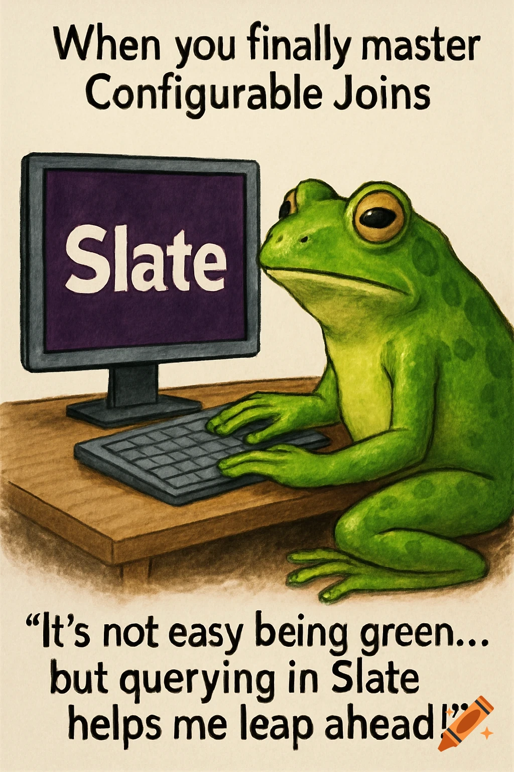 Cartoon frog at a computer screen displaying 'Slate' with text overlay.