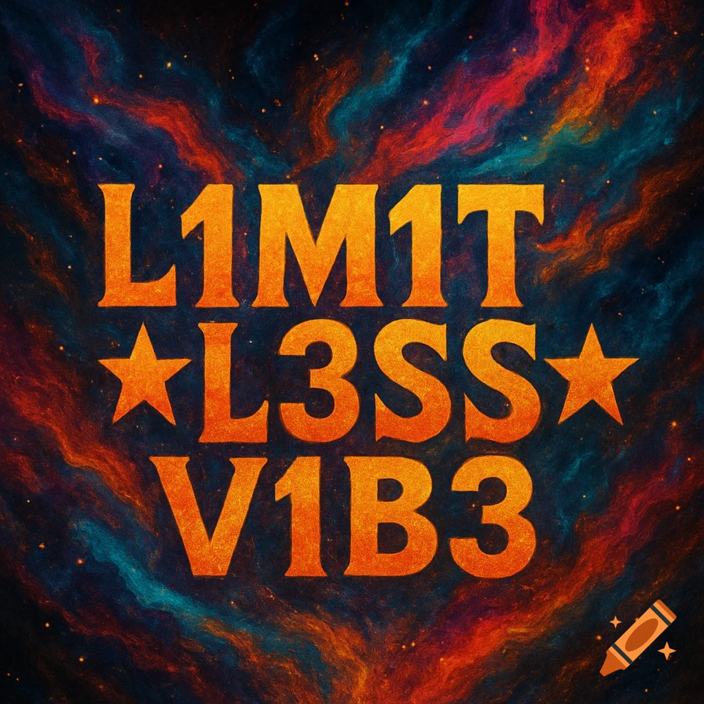 Orange text L1M1T☆L3SS☆V1B3 on a colorful nebula background with stars.