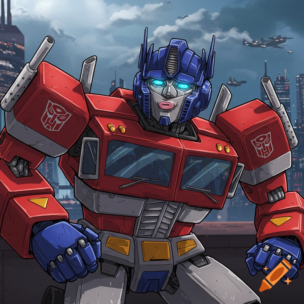 Optimus Prime making a duck face in a city. Cartoon style.