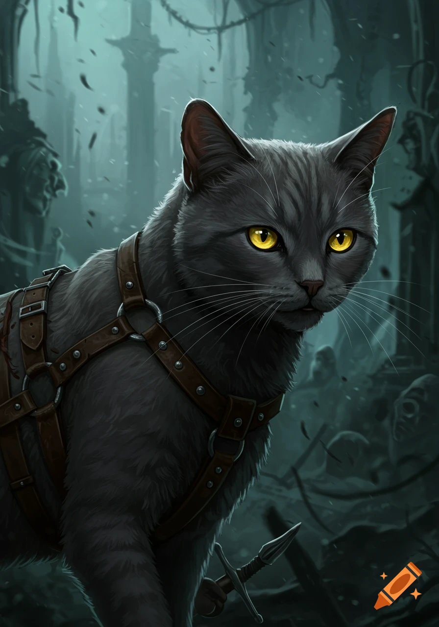 A grey cat with yellow eyes wears a leather harness and holds a small sword in a dark fantasy medieval setting.