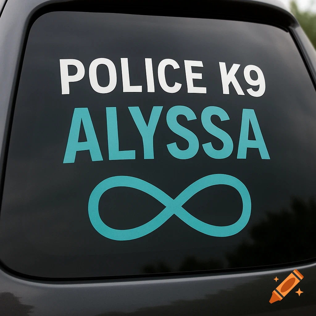 A car window decal reads "POLICE K9 ALYSSA" in white and teal, with a teal infinity symbol below.
