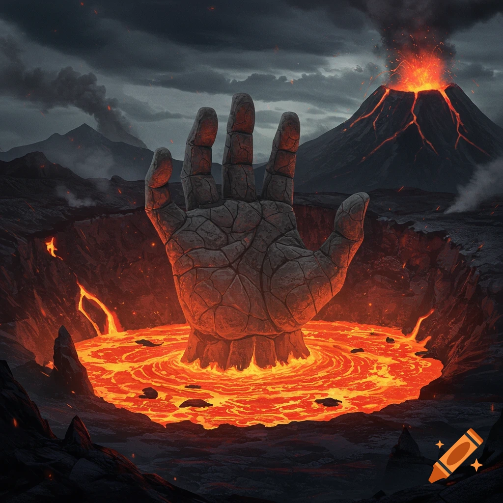 Giant stone hand emerges from lava in volcanic crater with erupting volcano under stormy sky.