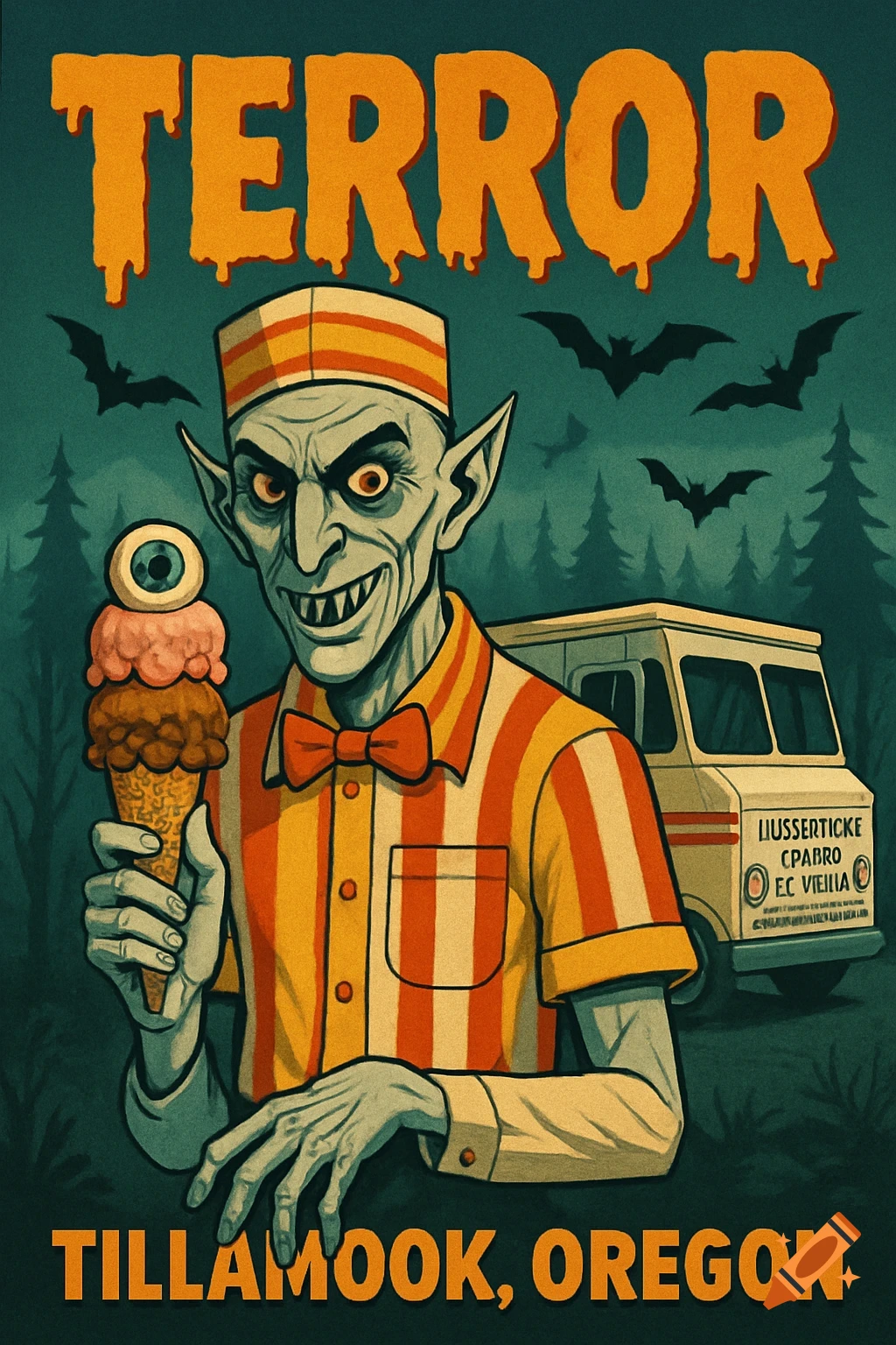 Vintage horror movie poster of a vampire ice cream man holding an eyeball ice cream cone, bats overhead.