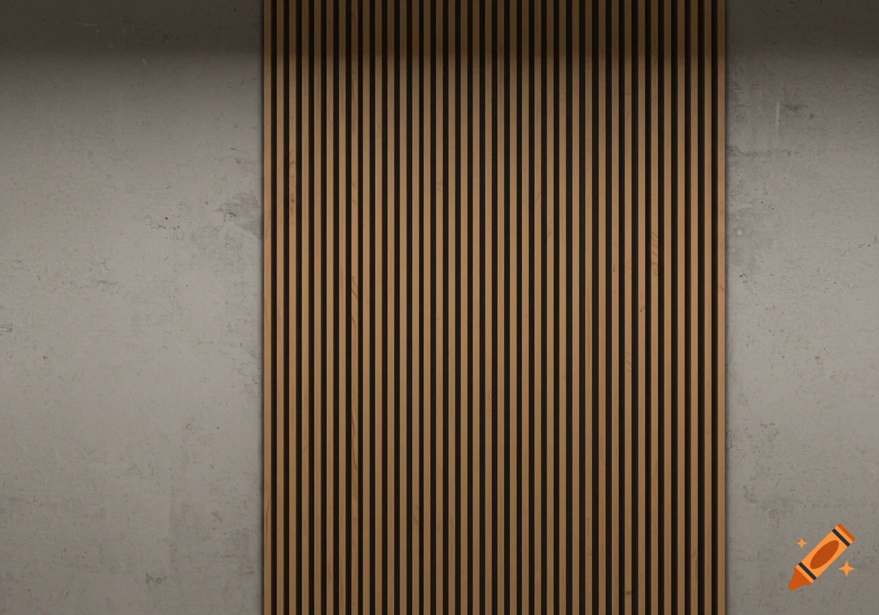 A wall section covered in vertical wooden slats next to a grey concrete wall.