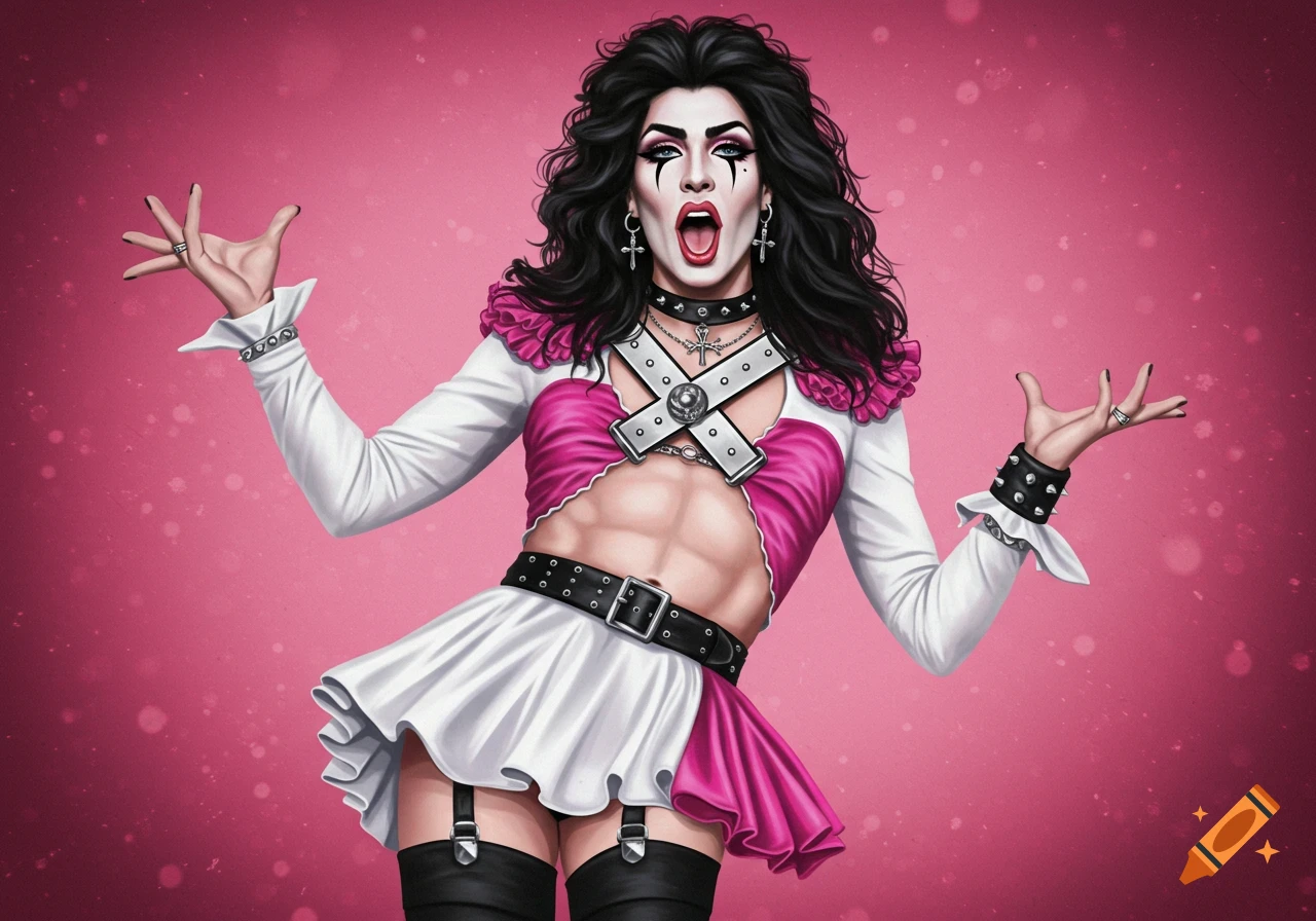 Illustration of a drag queen rockstar with long black hair, exposed abs, wearing a pink and white outfit with a skirt.