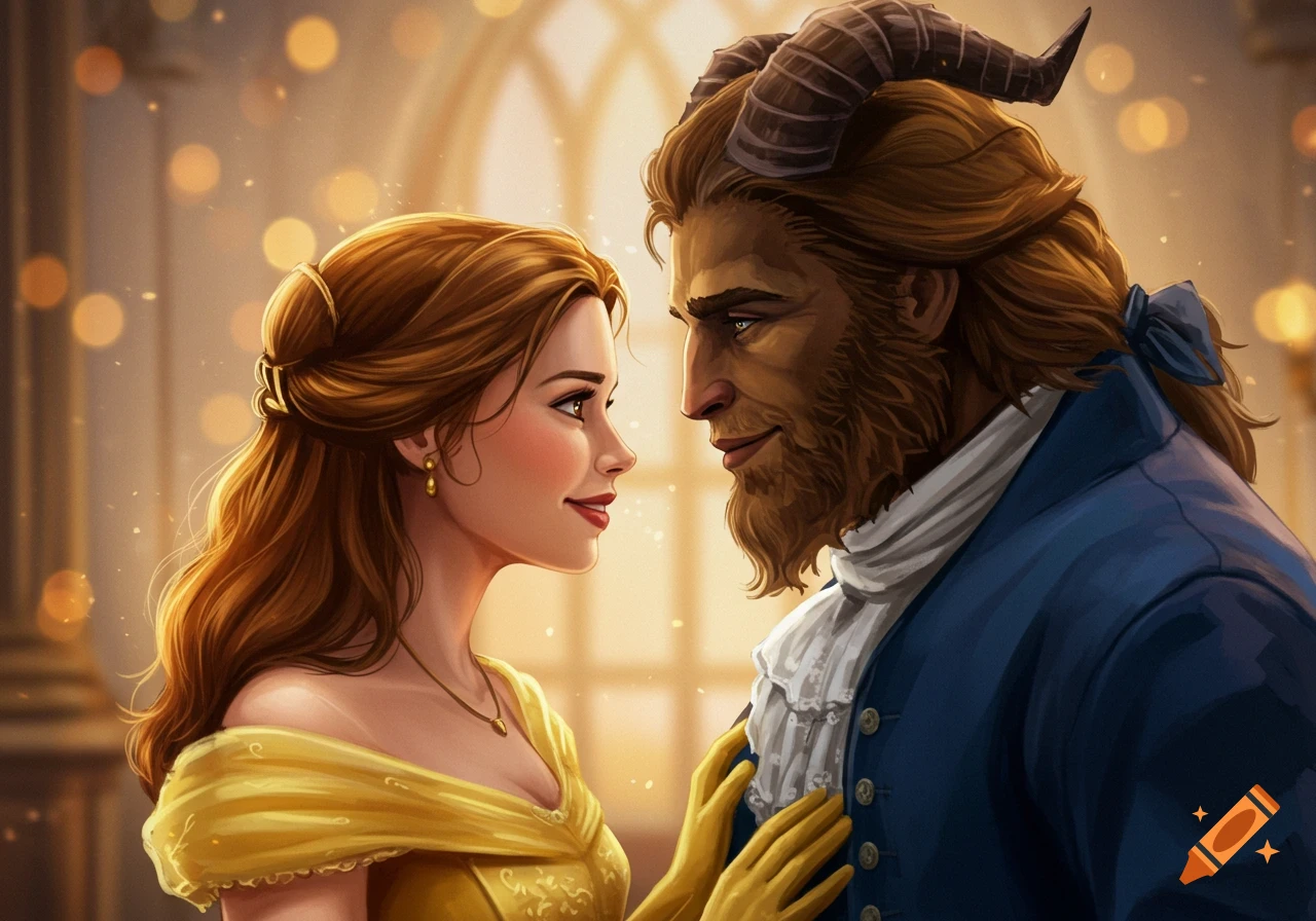 Belle in a yellow dress and the Beast dancing romantically in a ballroom with golden light.