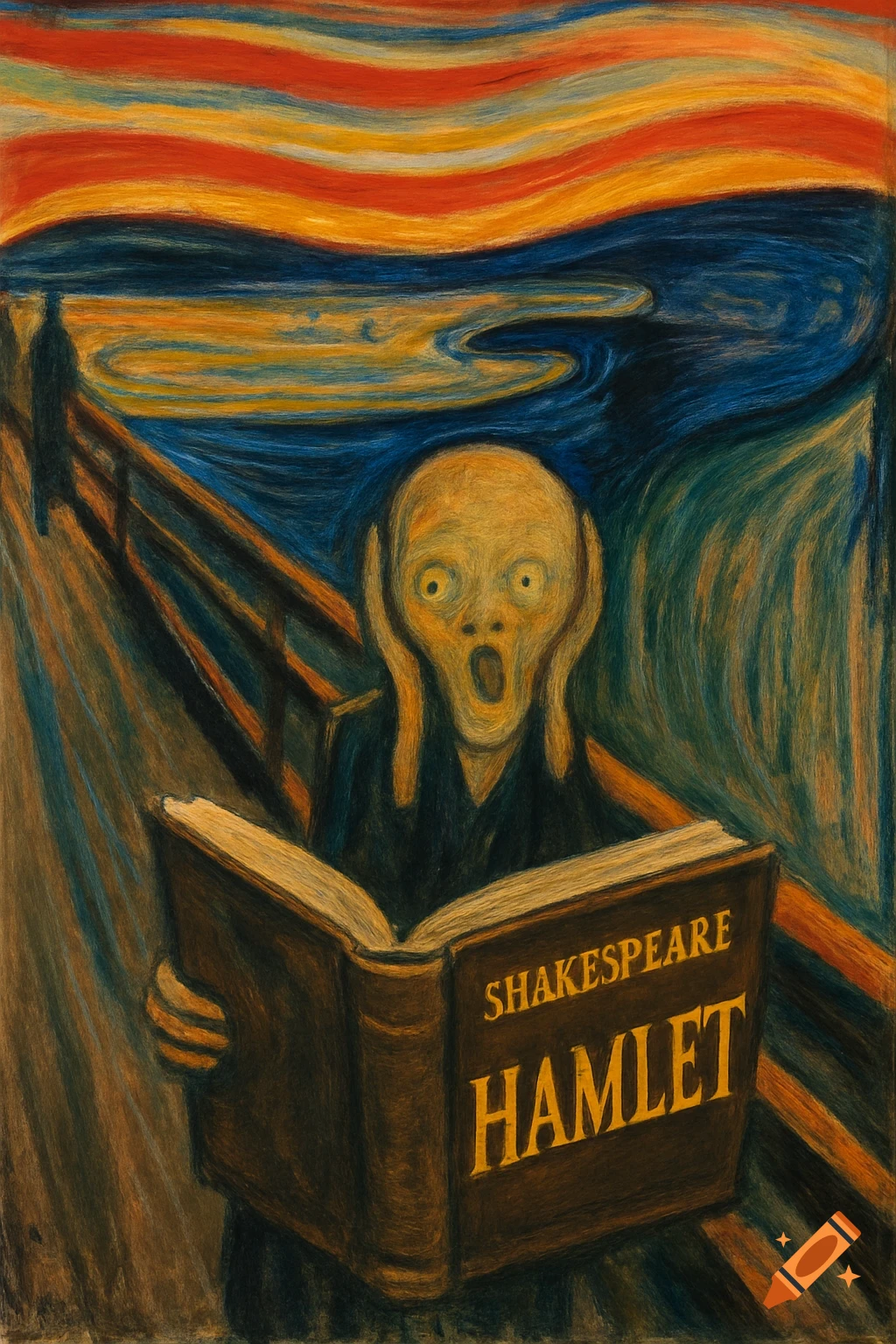 A figure in the style of Munch's Scream holding a book titled SHAKESPEARE HAMLET on a bridge.