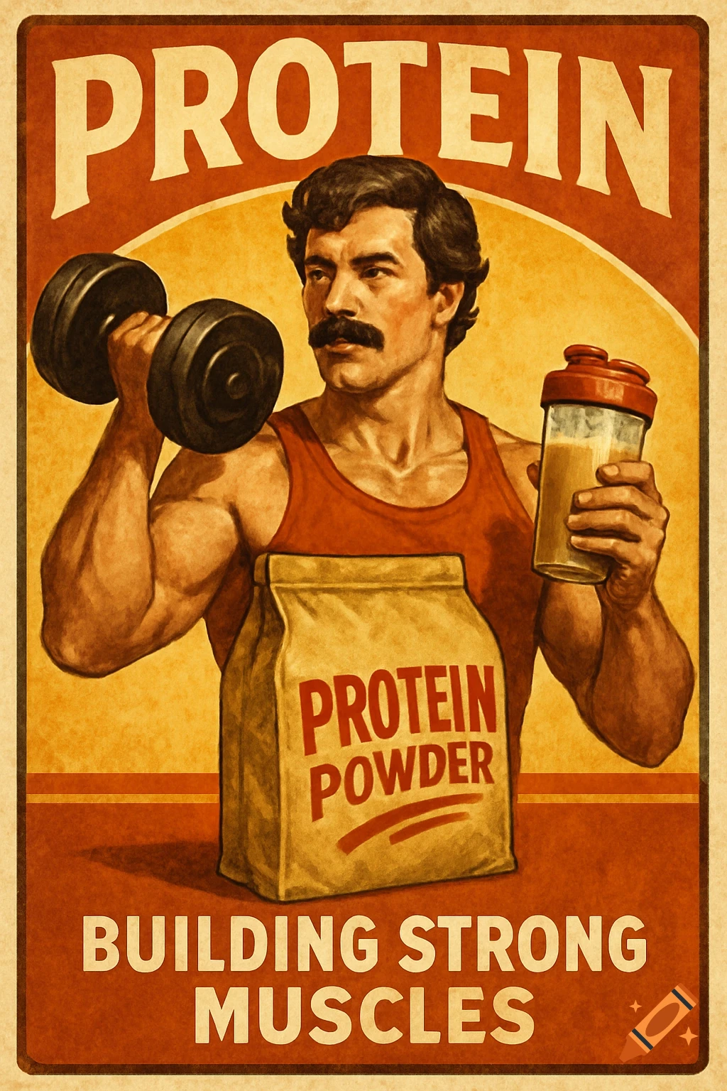 Retro ad poster of muscular man lifting a dumbbell and holding a protein shake, with protein powder bag and text.