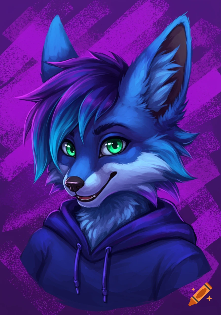 A blue and purple anthro fox character with bright green eyes wears a dark blue hoodie in a digital painting.