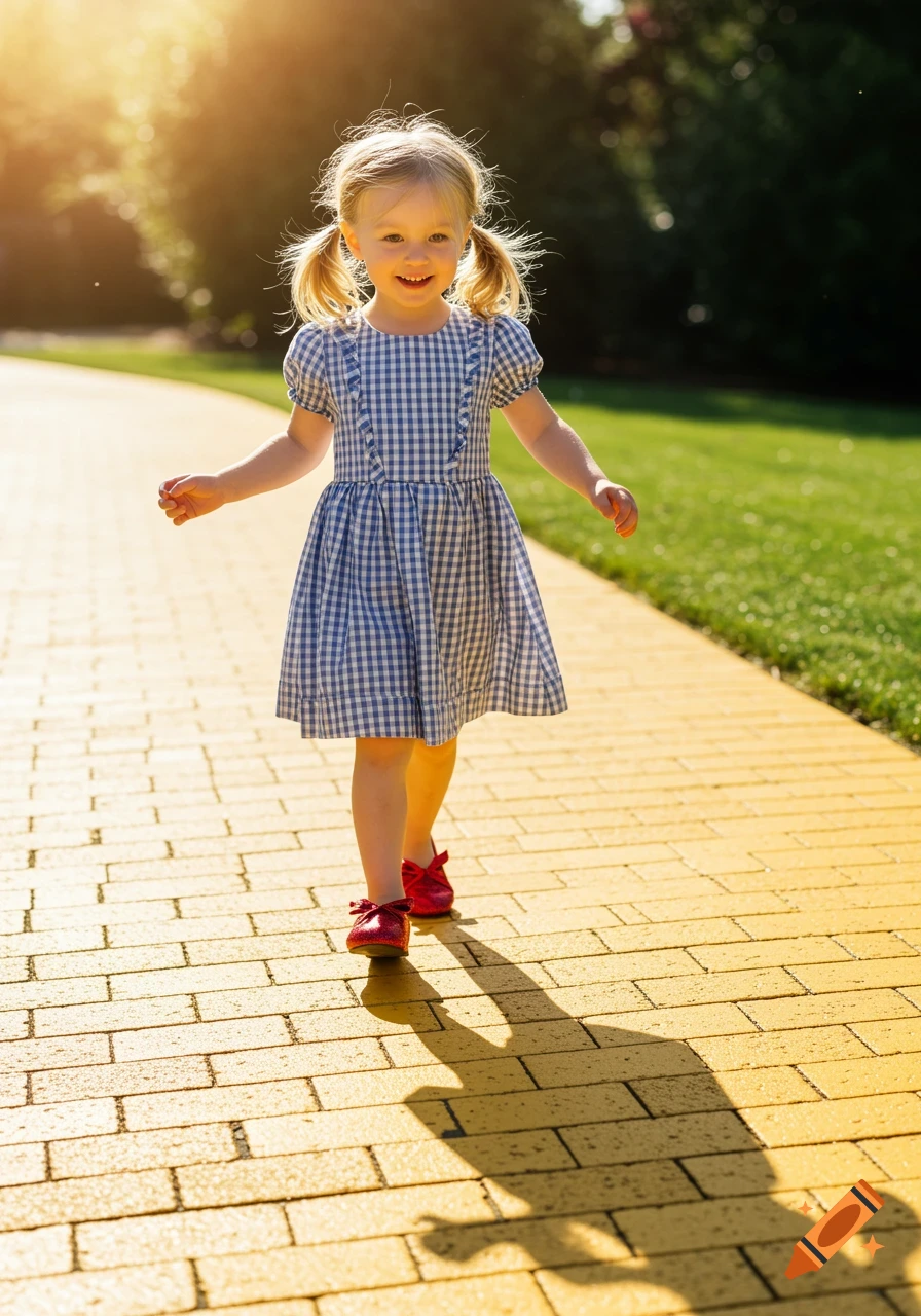 A young girl in a blue checkered dress and red shoes walks on a yellow brick path.