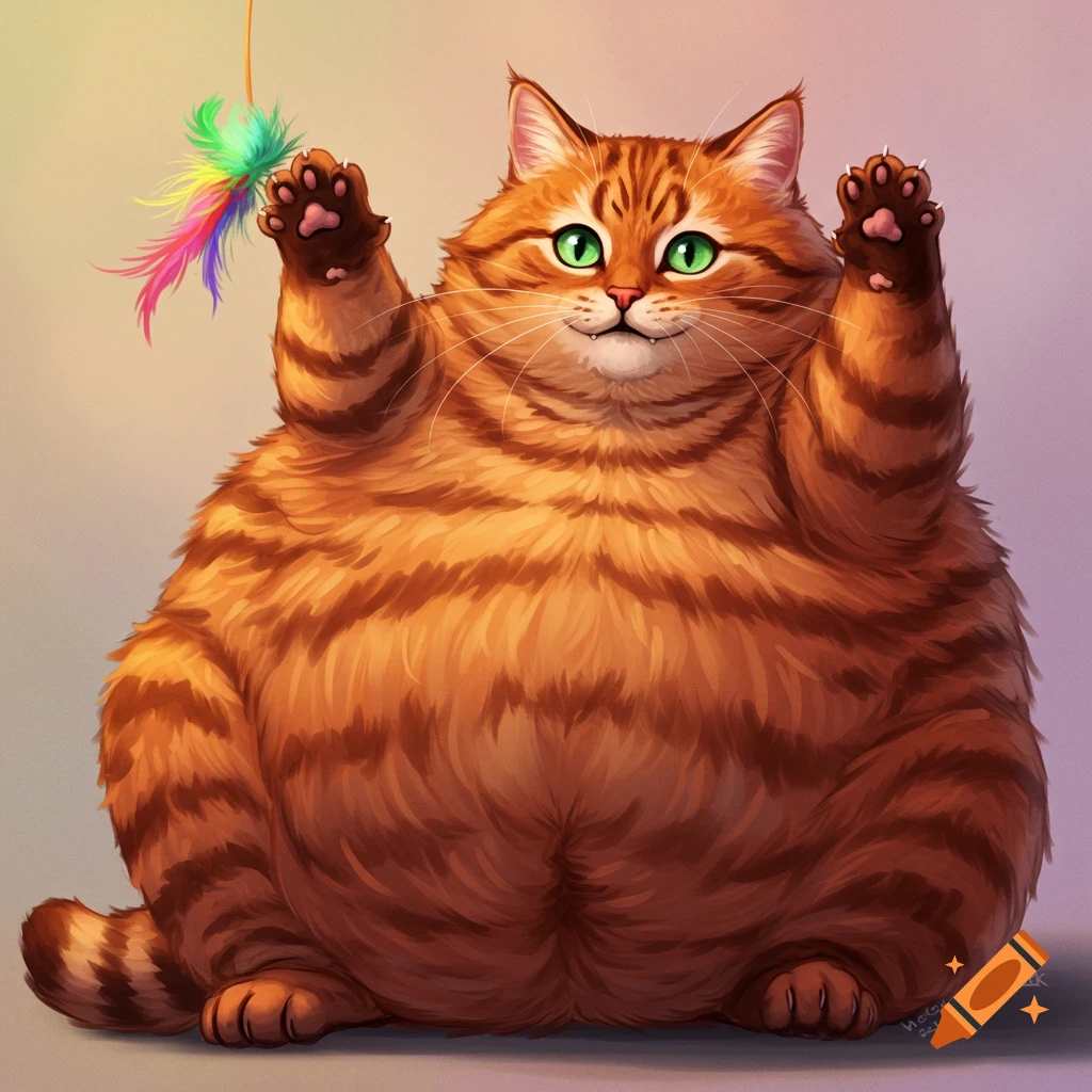 Illustration of a large orange tabby cat with green eyes playing with a ...